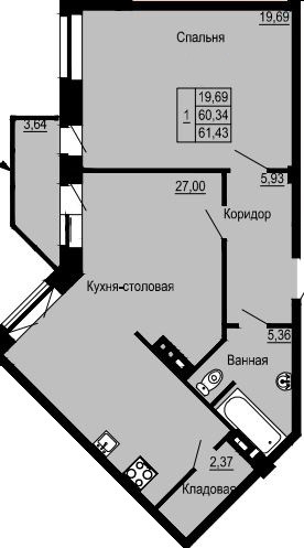 Однокомнатная квартира 61.43 м²