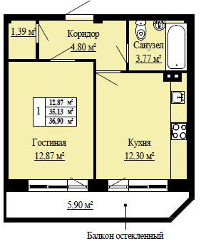 Однокомнатная квартира 36.9 м²