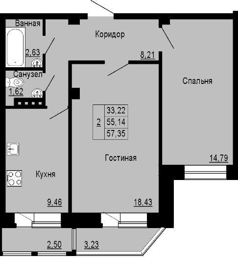 Двухкомнатная квартира 57.35 м²