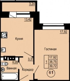 Однокомнатная квартира 39.72 м²