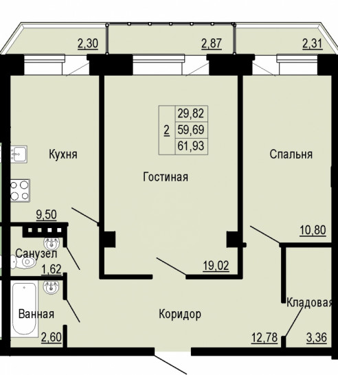 Двухкомнатная квартира 61.93 м²