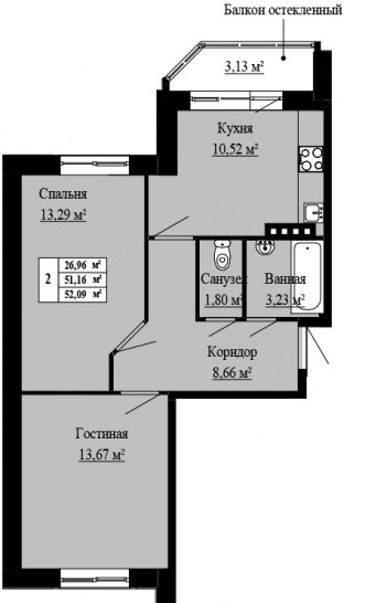 Двухкомнатная квартира 52.09 м²