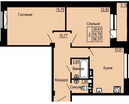 Двухкомнатная квартира 56.37 м²