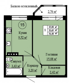 Однокомнатная квартира 34.48 м²