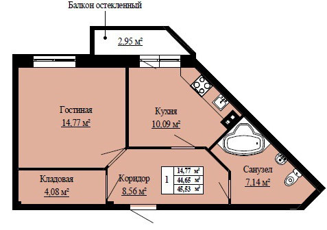 Однокомнатная квартира 45.53 м²